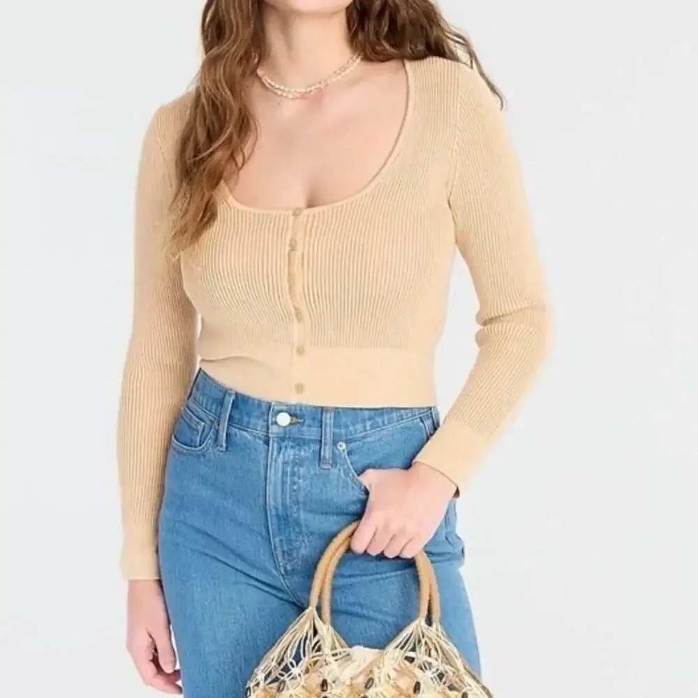 J.Crew Ribbed Scoopneck Button Front Cardigan Sweater Tan Beige Extra Small